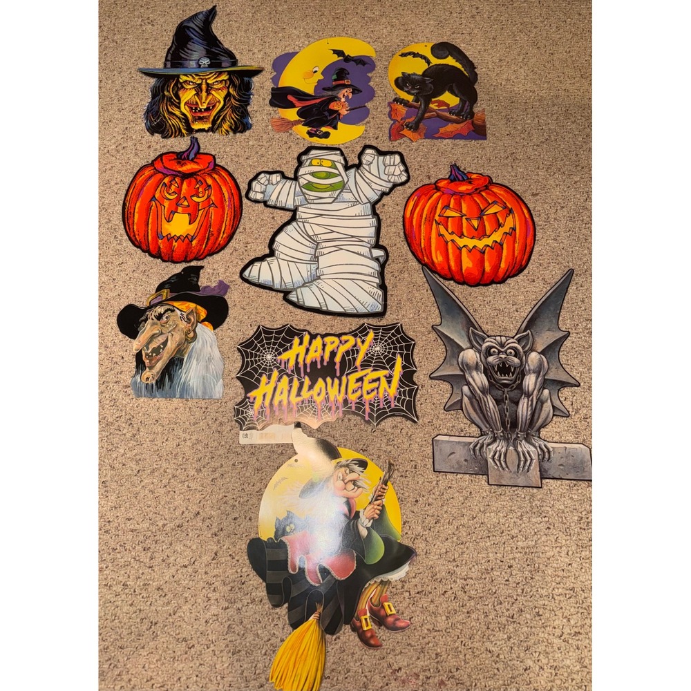 Vintage 80s 90s Halloween Retro Cutouts Witches Mummy Pumpkin Gargoyle 10pc Set